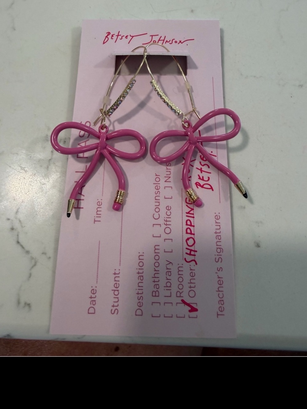 Betsey Johnson Hot Pink Bow Dangle Earrings with Gold Tips